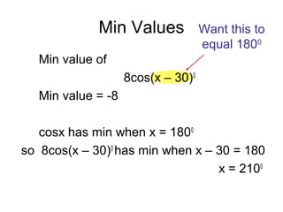 Min Values
Min value of
8cos(x – 30)0
Min value = -8
cosx has min when x = 1800
so 8cos(x – 30)0
has min when x – 30 = 180
x = 2100
Want this to
equal 1800
 