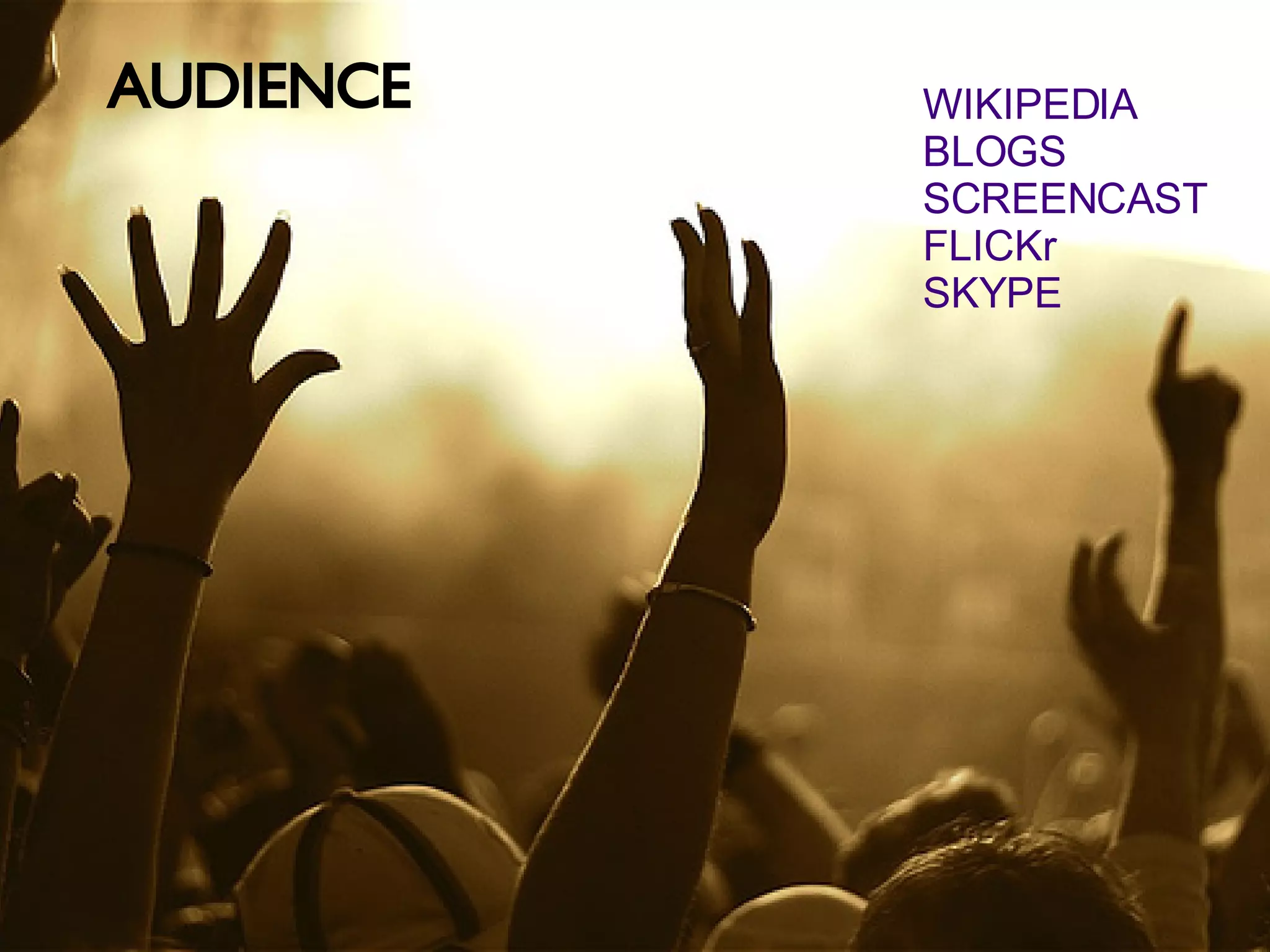 AUDIENCE WIKIPEDIA BLOGS SCREENCAST FLICKr SKYPE