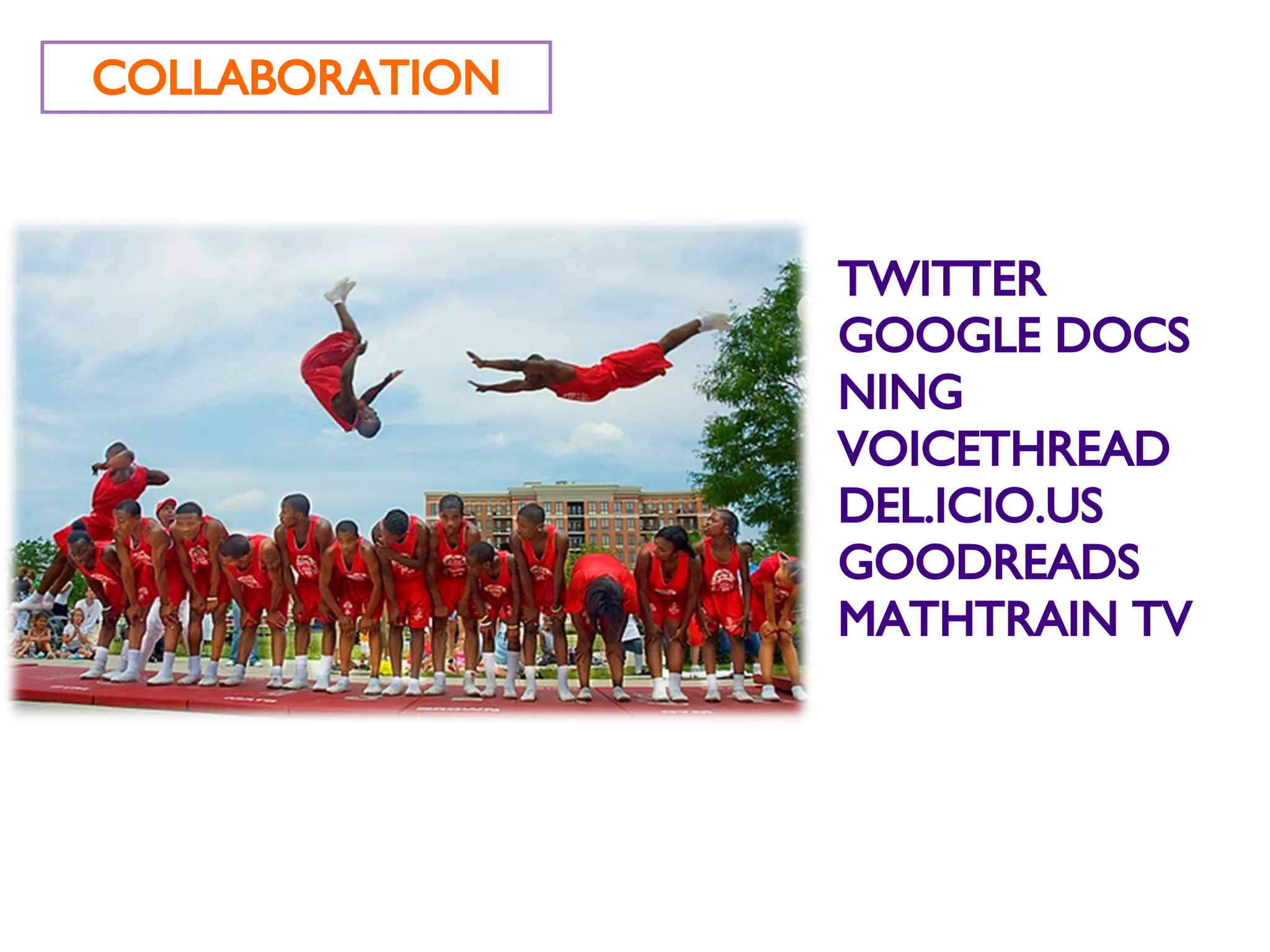 COLLABORATION TWITTER GOOGLE DOCS NING VOICETHREAD DEL.ICIO.US GOODREADS MATHTRAIN TV