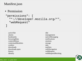 RMLL 2017 – 4 Juillet 2017
Manifest.json
● Permission
"permissions": [
"*://developer.mozilla.org/*",
"webRequest"
]
activeTab
alarms
bookmarks
browsingData
contextMenus
contextualIdentities
cookies
downloads
downloads.open
history
identity
idle
management
nativeMessaging
notifications
sessions
storage
tabs
topSites
webNavigation
webRequest
webRequestBlocking
 