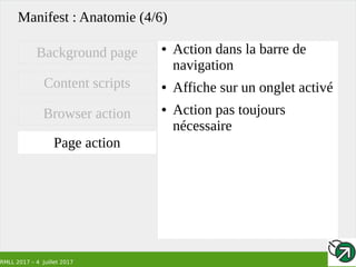 RMLL 2017 – 4 Juillet 2017
Manifest : Anatomie (4/6)
● Action dans la barre de
navigation
● Affiche sur un onglet activé
● Action pas toujours
nécessaire
Background page
Content scripts
Browser action
Page action
 