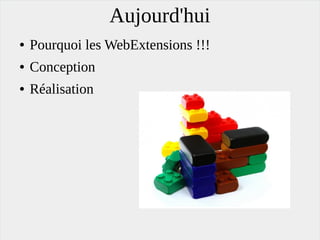 Aujourd'hui
● Pourquoi les WebExtensions !!!
● Conception
● Réalisation
 