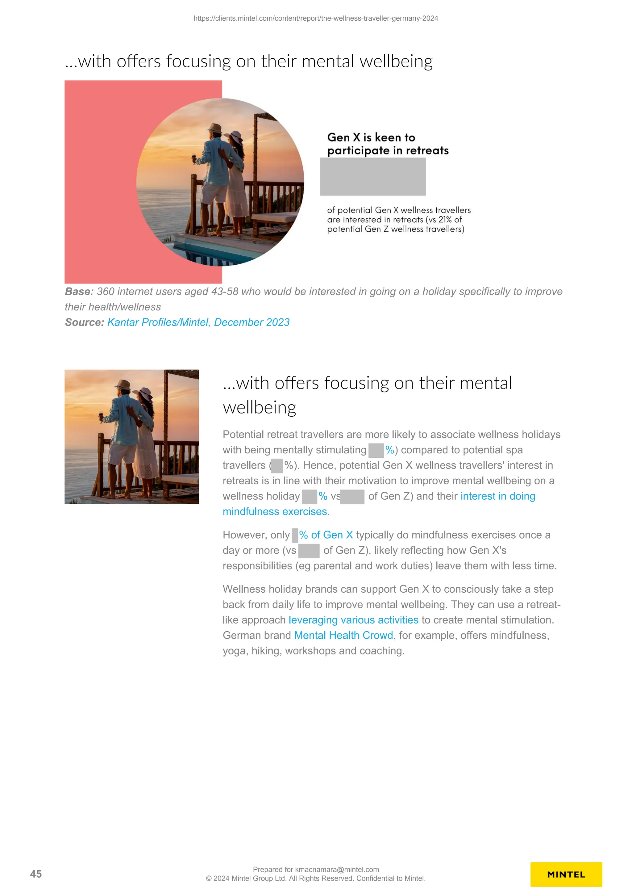 …with offers focusing on their mental wellbeing
Base: 360 internet users aged 43-58 who would be interested in going on a holiday specifically to improve
their health/wellness
Source: Kantar Profiles/Mintel, December 2023
…with offers focusing on their mental
wellbeing
Potential retreat travellers are more likely to associate wellness holidays
with being mentally stimulating %) compared to potential spa
travellers ( %). Hence, potential Gen X wellness travellers' interest in
retreats is in line with their motivation to improve mental wellbeing on a
wellness holiday % vs of Gen Z) and their interest in doing
mindfulness exercises.
However, only % of Gen X typically do mindfulness exercises once a
day or more (vs of Gen Z), likely reflecting how Gen X's
responsibilities (eg parental and work duties) leave them with less time.
Wellness holiday brands can support Gen X to consciously take a step
back from daily life to improve mental wellbeing. They can use a retreat-
like approach leveraging various activities to create mental stimulation.
German brand Mental Health Crowd, for example, offers mindfulness,
yoga, hiking, workshops and coaching.
https://clients.mintel.com/content/report/the-wellness-traveller-germany-2024
45
Prepared for kmacnamara@mintel.com
© 2024 Mintel Group Ltd. All Rights Reserved. Confidential to Mintel.
 