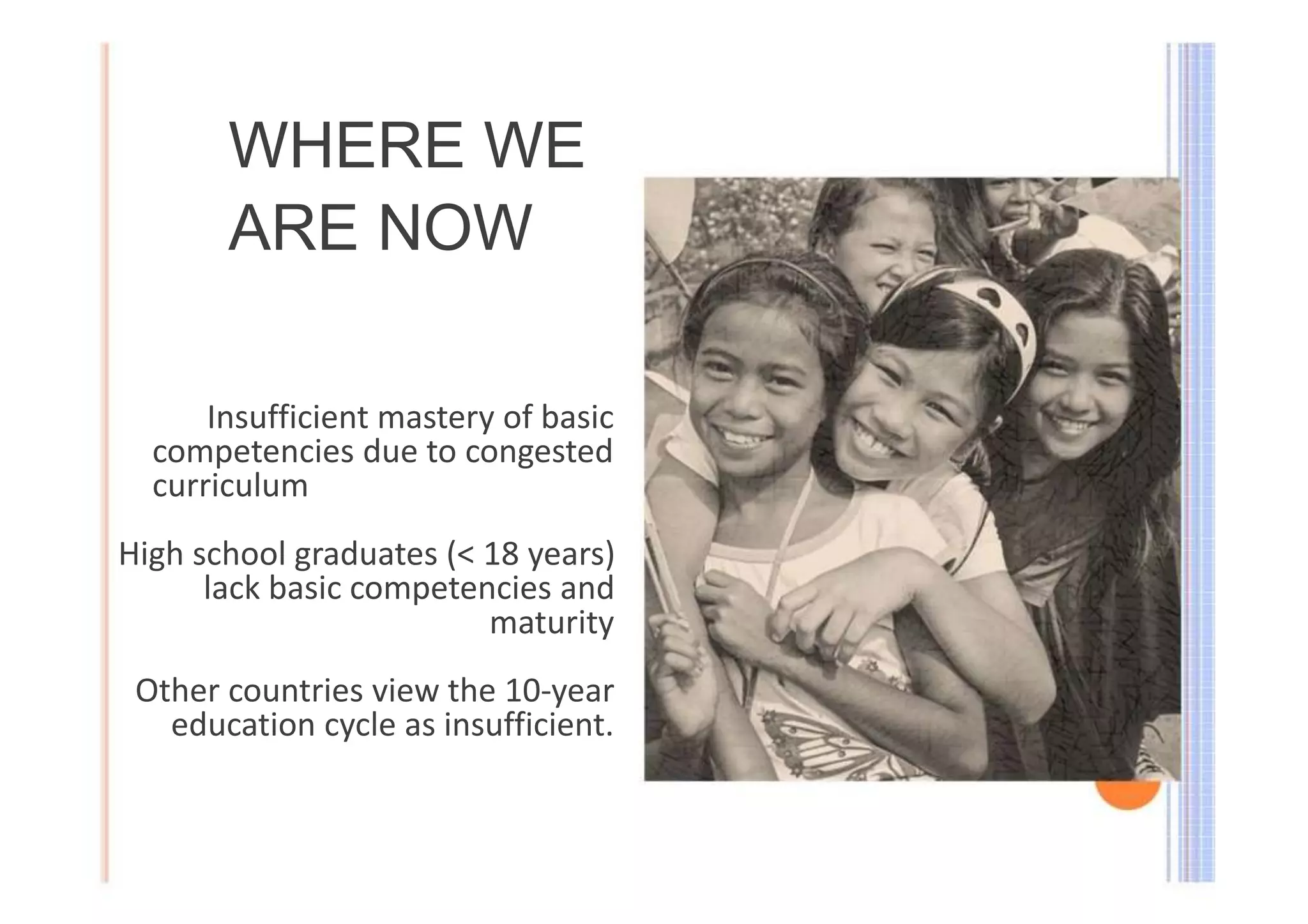 WHERE WE 
ARE NOW 
Insufficient mastery of basic 
competencies due to congested 
curriculum 
High school graduates (< 18 years) 
lack basic competencies and 
maturity 
Other countries view the 10‐year 
education cycle as insufficient. 
 
