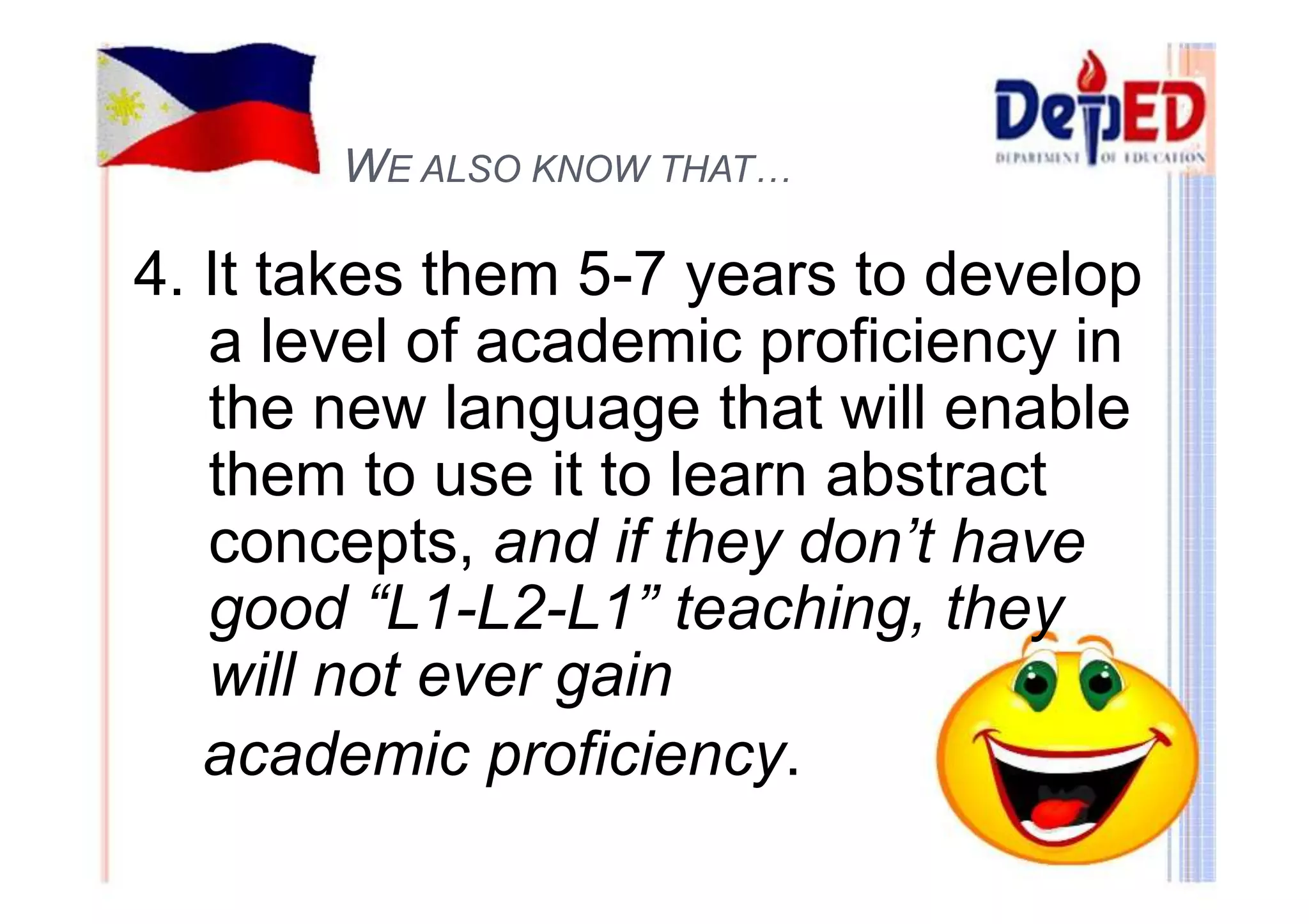 WE ALSO KNOW THAT… 
4. It takes them 5-7 years to develop 
a level of academic proficiency in 
the new language that will enable 
them to use it to learn abstract 
concepts, and if they don’t have 
good “L1-L2-L1” teaching, they 
will not ever gain 
academic proficiency. 
 