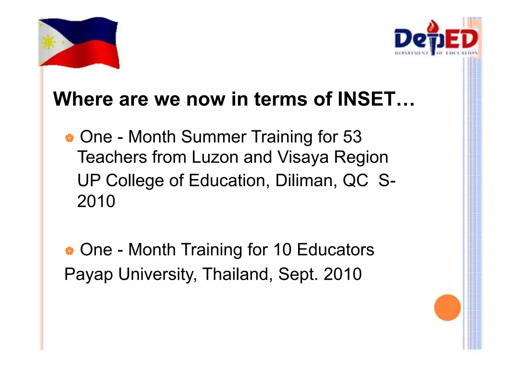 Where are we now in terms of INSET… 
| One - Month Summer Training for 53 
Teachers from Luzon and Visaya Region 
UP College of Education, Diliman, QC S- 
2010 
| One - Month Training for 10 Educators 
Payap University, Thailand, Sept. 2010 
 