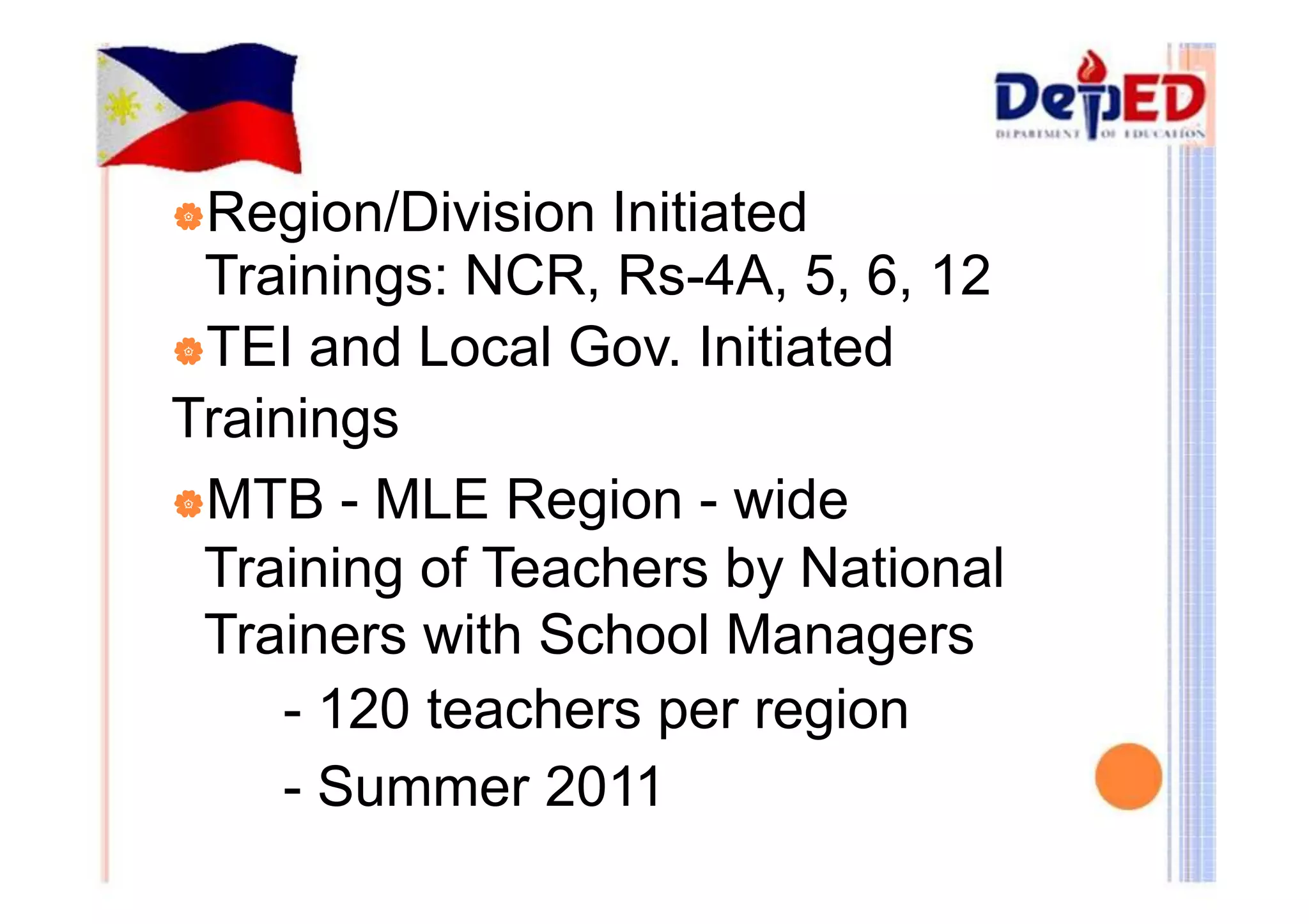 |Region/Division Initiated 
Trainings: NCR, Rs-4A, 5, 6, 12 
|TEI and Local Gov. Initiated 
Trainings 
|MTB - MLE Region - wide 
Training of Teachers by National 
Trainers with School Managers 
- 120 teachers per region 
- Summer 2011 
 