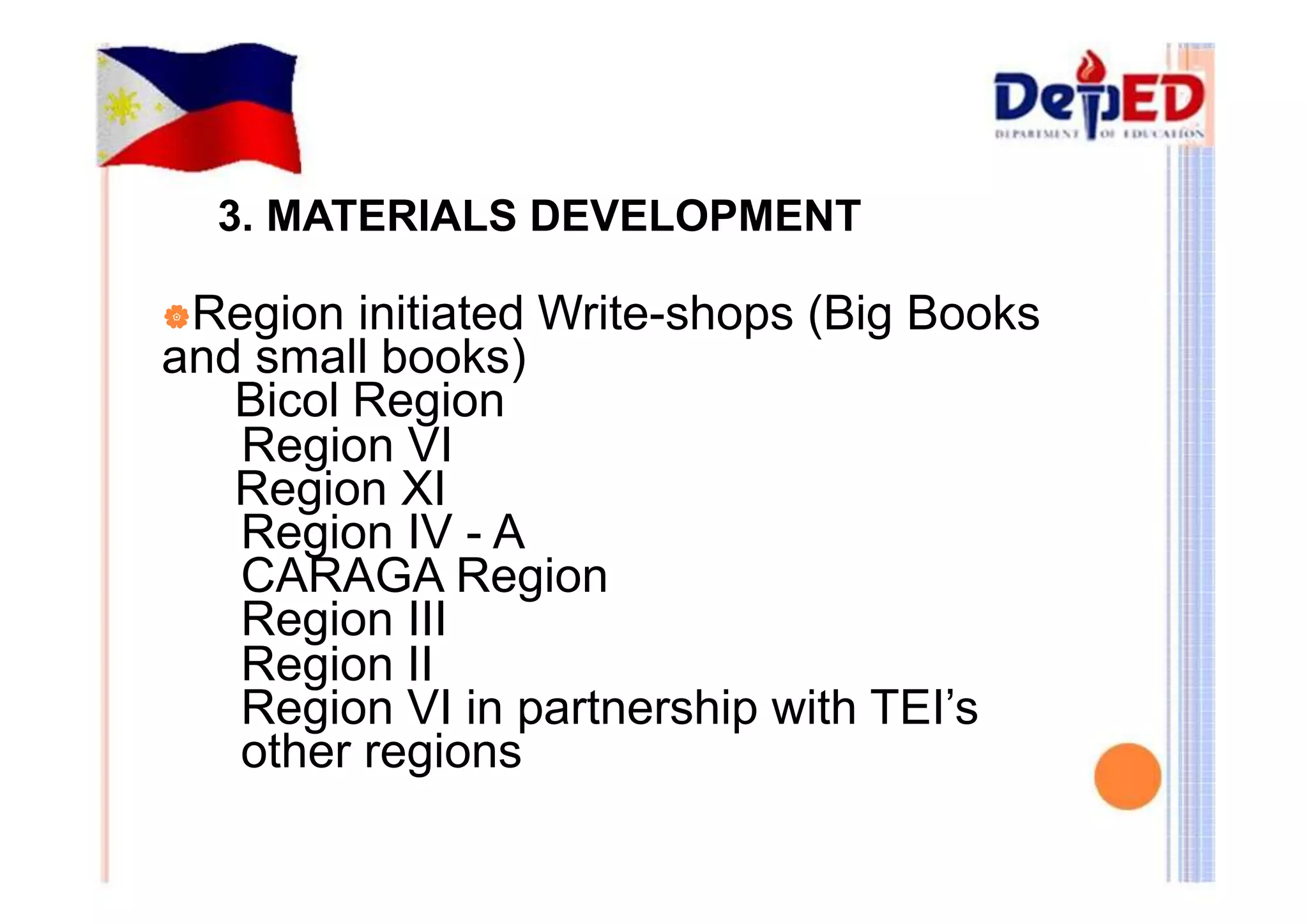3. MATERIALS DEVELOPMENT 
|Region initiated Write-shops (Big Books 
and small books) 
Bicol Region 
Region VI 
Region XI 
Region IV - A 
CARAGA Region 
Region III 
Region II 
Region VI in partnership with TEI’s 
other regions 
 