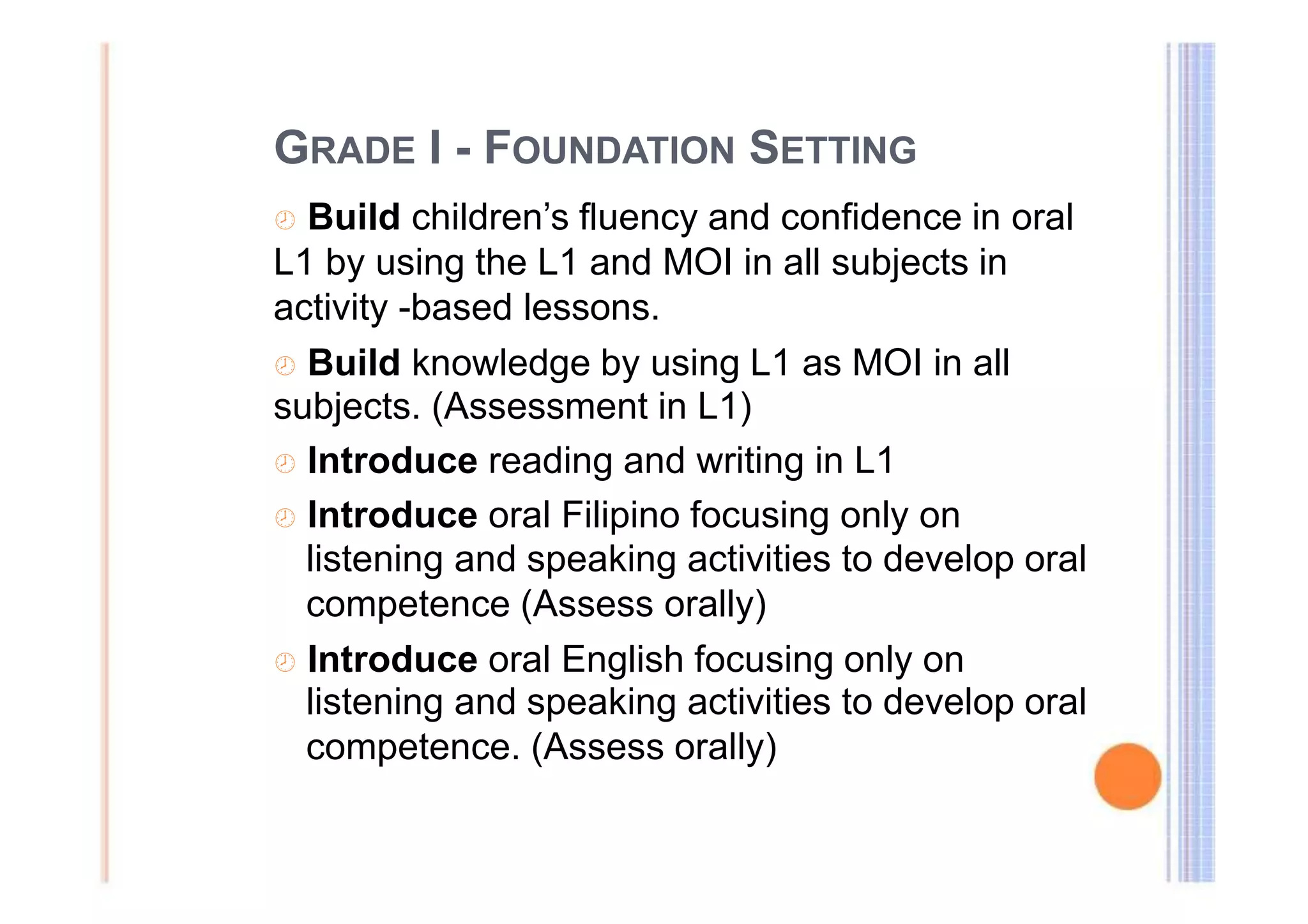GRADE I - FOUNDATION SETTING 
 Build children’s fluency and confidence in oral 
L1 by using the L1 and MOI in all subjects in 
activity -based lessons. 
 Build knowledge by using L1 as MOI in all 
subjects. (Assessment in L1) 
 Introduce reading and writing in L1 
 Introduce oral Filipino focusing only on 
listening and speaking activities to develop oral 
competence (Assess orally) 
 Introduce oral English focusing only on 
listening and speaking activities to develop oral 
competence. (Assess orally) 
 