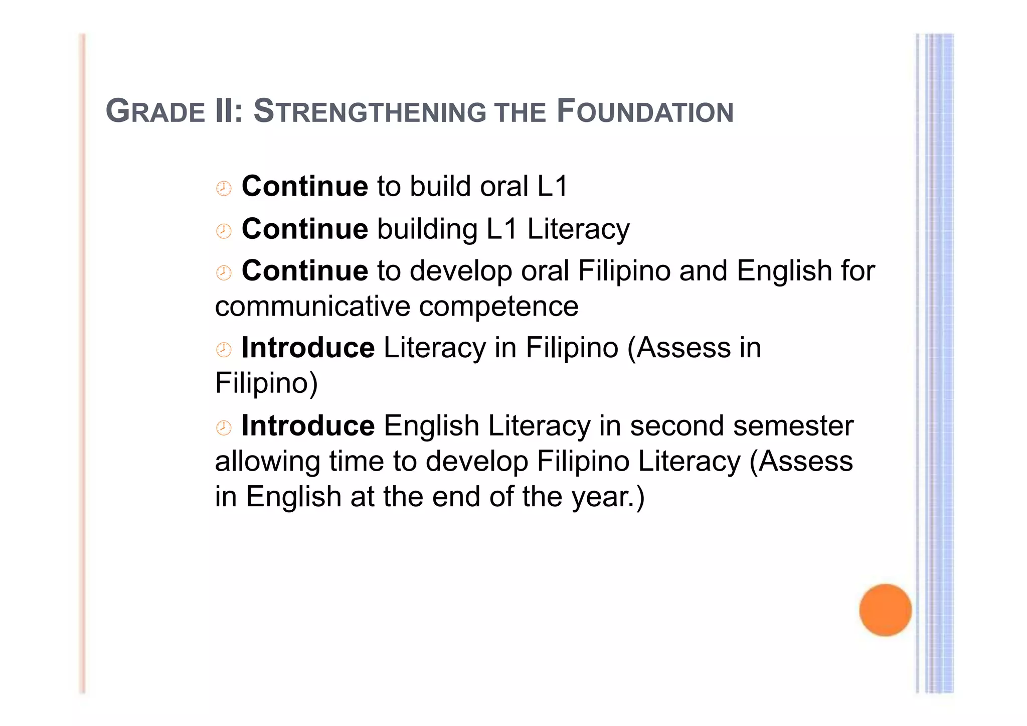 GRADE II: STRENGTHENING THE FOUNDATION 
 Continue to build oral L1 
 Continue building L1 Literacy 
 Continue to develop oral Filipino and English for 
communicative competence 
 Introduce Literacy in Filipino (Assess in 
Filipino) 
 Introduce English Literacy in second semester 
allowing time to develop Filipino Literacy (Assess 
in English at the end of the year.) 
 