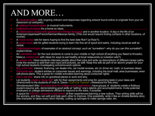 AND MORE… A  virtual art gallery  with ongoing criticism and responses regarding artwork found online or originals from your art classroom (a cwitiqwiki).  A  catalog of musical styles  or musical instruments.  Collections of recipes  for a home ec class.  A  collaborative project with speakers of a foreign language  and in another location: A day in the life of an American/Japanese/French/German/Mexican family. (This one would require finding contacts in other locations, of course).  A  movie review  wiki for teens hoping to find the best date flick? (a Flickr?).  A  humor study  wiki for gifted students trying to learn the fine art of spoof and satire, including visual as well as verbal.  Collections/montages  of examples of an abstract concept, such as “surrealism”- why do you can this surrealist?- explain/refute.  An  orientation wiki  for the next students to come to your middle or high school (Everything you Need to Knowiki).  Make a  nutrition wiki  with ideas for ways to eat healthy at local restaurants (a nutwition wiki?).  A  careers wiki.  Have students interview people about their jobs and write up descriptions of different career paths. Invite the workers to add their own input and pictures, as well. Keep this wiki as part of an alumni project for your high school students investigating school-to-work options.  Buy a Car wiki-  interest, financing, car dealer info, car model reviews, etc (in driver ed, math, or business class).  Consumer wiki-  student articles on consumer issues and warnings, including the local mall, area businesses, even cell phone plans. This is great for middle schoolers learning about consumer rights.  Get a Job wiki-  share info on good/bad places to work and why.  Let students  create a “study hall”  wiki for their assignments and prep for upcoming tests in your class and others(credit to the students of Vicki A. Davis--  Cool Cat Teacher  --Westwood for this one).  Wonderstudent Wiki:  As preparation for college or job applications , have groups of  students create a fictitious student-resume wiki, demonstrating good skills at “selling” one’s talents and accomplishments. Invite potential employers or college admissions officers to respond to the wikis, if possible.  A space for  ESL/ELL students to tell stories  of their experiences learning a new culture. Their writing skills will be the winners, and they can edit and help each other to improve. One possibility: write it like an Amelia Bedelia story (the character to takes every idiom literally, cutting up sponges to make sponge cake, etc.  