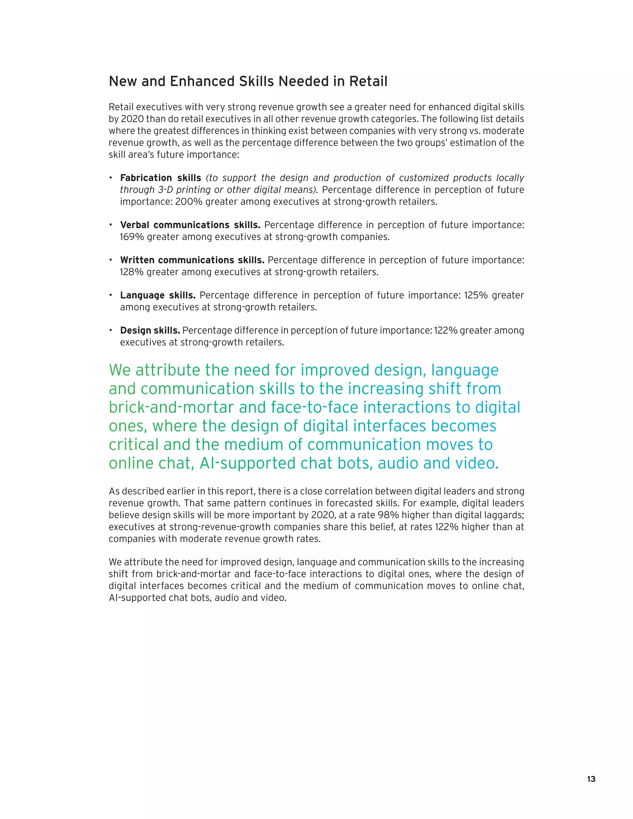 13
New and Enhanced Skills Needed in Retail
Retail executives with very strong revenue growth see a greater need for enhanced digital skills
by 2020 than do retail executives in all other revenue growth categories. The following list details
where the greatest differences in thinking exist between companies with very strong vs. moderate
revenue growth, as well as the percentage difference between the two groups’ estimation of the
skill area’s future importance:
•	 Fabrication skills (to support the design and production of customized products locally
through 3-D printing or other digital means). Percentage difference in perception of future
importance: 200% greater among executives at strong-growth retailers.
•	 Verbal communications skills. Percentage difference in perception of future importance:
169% greater among executives at strong-growth companies.
•	 Written communications skills. Percentage difference in perception of future importance:
128% greater among executives at strong-growth retailers.
•	 Language skills. Percentage difference in perception of future importance: 125% greater
among executives at strong-growth retailers.
•	 Design skills. Percentage difference in perception of future importance: 122% greater among
executives at strong-growth retailers.
We attribute the need for improved design, language
and communication skills to the increasing shift from
brick-and-mortar and face-to-face interactions to digital
ones, where the design of digital interfaces becomes
critical and the medium of communication moves to
online chat, AI-supported chat bots, audio and video.
As described earlier in this report, there is a close correlation between digital leaders and strong
revenue growth. That same pattern continues in forecasted skills. For example, digital leaders
believe design skills will be more important by 2020, at a rate 98% higher than digital laggards;
executives at strong-revenue-growth companies share this belief, at rates 122% higher than at
companies with moderate revenue growth rates.
We attribute the need for improved design, language and communication skills to the increasing
shift from brick-and-mortar and face-to-face interactions to digital ones, where the design of
digital interfaces becomes critical and the medium of communication moves to online chat,
AI-supported chat bots, audio and video.
 