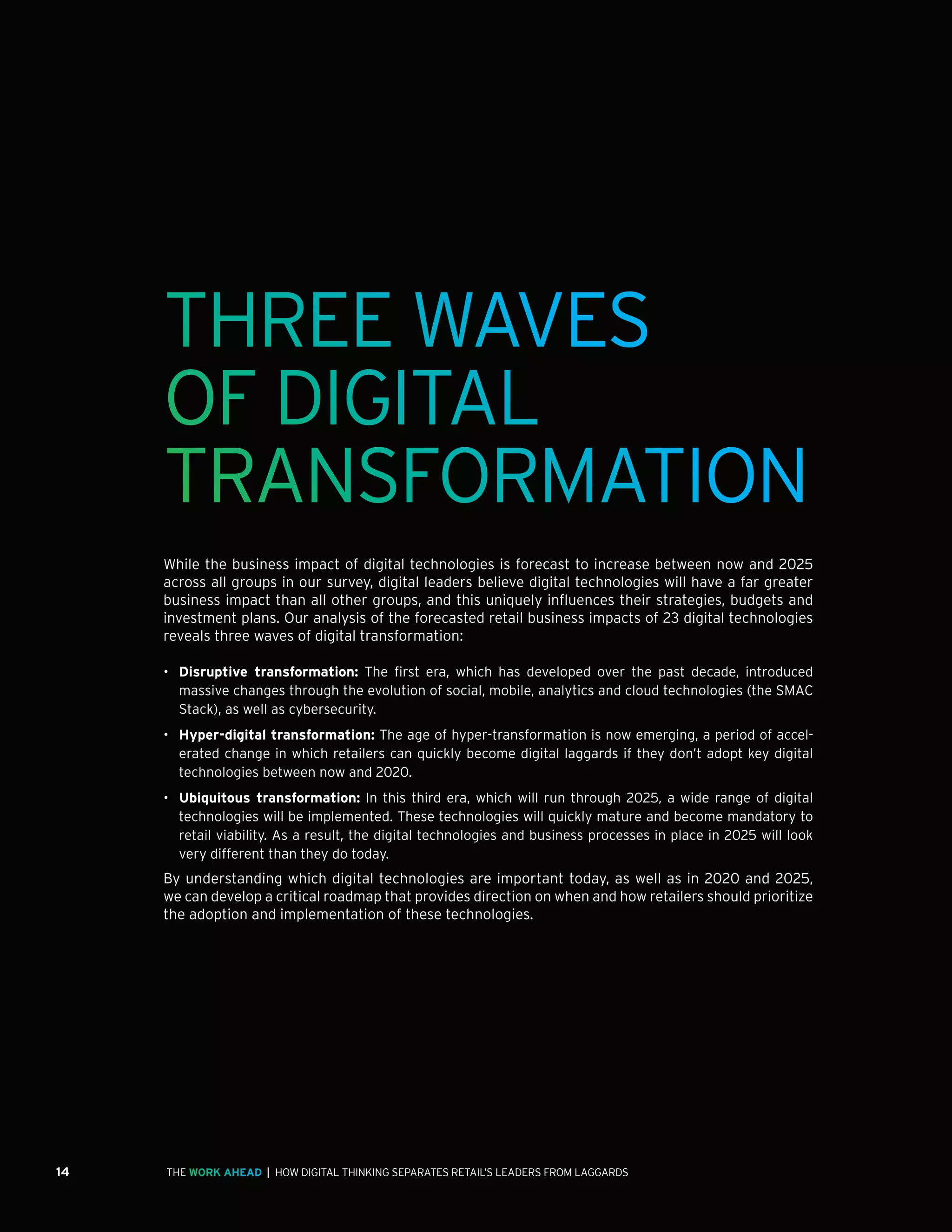 14 | HOW DIGITAL THINKING SEPARATES RETAIL’S LEADERS FROM LAGGARDSTHE WORK AHEAD
THREE WAVES
OF DIGITAL
TRANSFORMATION
While the business impact of digital technologies is forecast to increase between now and 2025
across all groups in our survey, digital leaders believe digital technologies will have a far greater
business impact than all other groups, and this uniquely influences their strategies, budgets and
investment plans. Our analysis of the forecasted retail business impacts of 23 digital technologies
reveals three waves of digital transformation:
•	 Disruptive transformation: The first era, which has developed over the past decade, introduced
massive changes through the evolution of social, mobile, analytics and cloud technologies (the SMAC
Stack), as well as cybersecurity.
•	 Hyper-digital transformation: The age of hyper-transformation is now emerging, a period of accel-
erated change in which retailers can quickly become digital laggards if they don’t adopt key digital
technologies between now and 2020.
•	 Ubiquitous transformation: In this third era, which will run through 2025, a wide range of digital
technologies will be implemented. These technologies will quickly mature and become mandatory to
retail viability. As a result, the digital technologies and business processes in place in 2025 will look
very different than they do today.
By understanding which digital technologies are important today, as well as in 2020 and 2025,
we can develop a critical roadmap that provides direction on when and how retailers should prioritize
the adoption and implementation of these technologies.
 