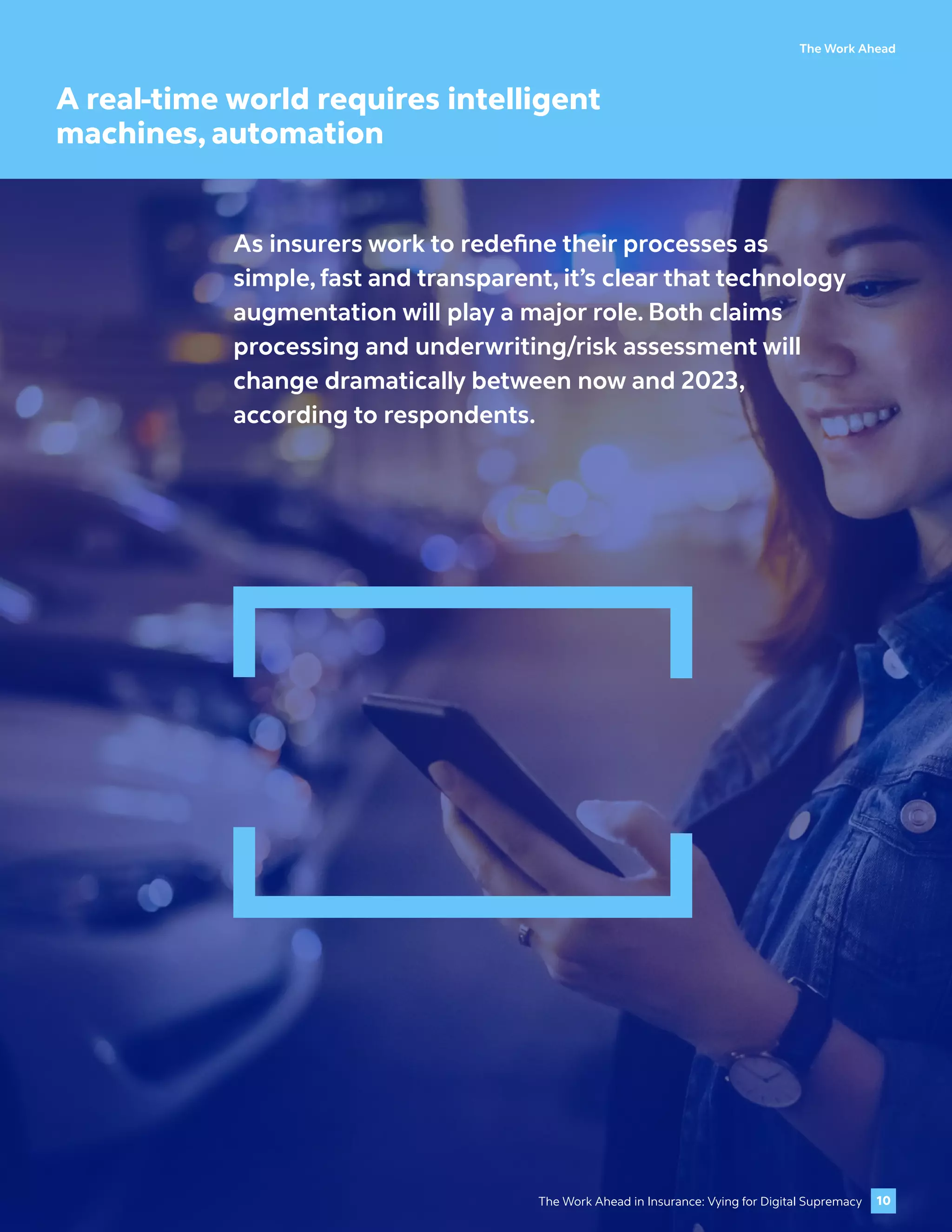 The Work Ahead
A real-time world requires intelligent
machines, automation
As insurers work to redefine their processes as
simple, fast and transparent, it’s clear that technology
augmentation will play a major role. Both claims
processing and underwriting/risk assessment will
change dramatically between now and 2023,
according to respondents.
10
The Work Ahead in Insurance: Vying for Digital Supremacy
 