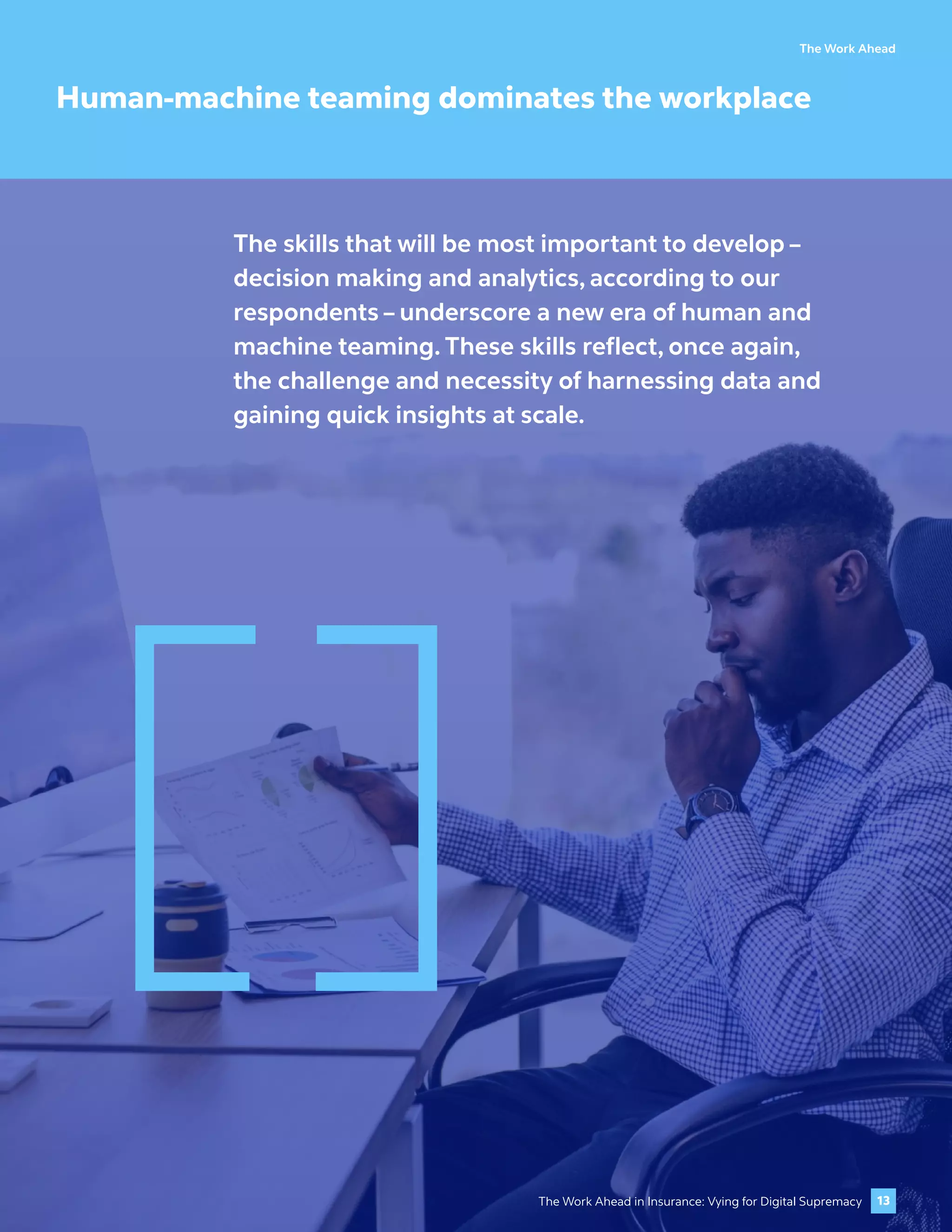 The Work Ahead
Human-machine teaming dominates the workplace
The skills that will be most important to develop –
decision making and analytics, according to our
respondents – underscore a new era of human and
machine teaming. These skills reflect, once again,
the challenge and necessity of harnessing data and
gaining quick insights at scale.
13
The Work Ahead in Insurance: Vying for Digital Supremacy
 