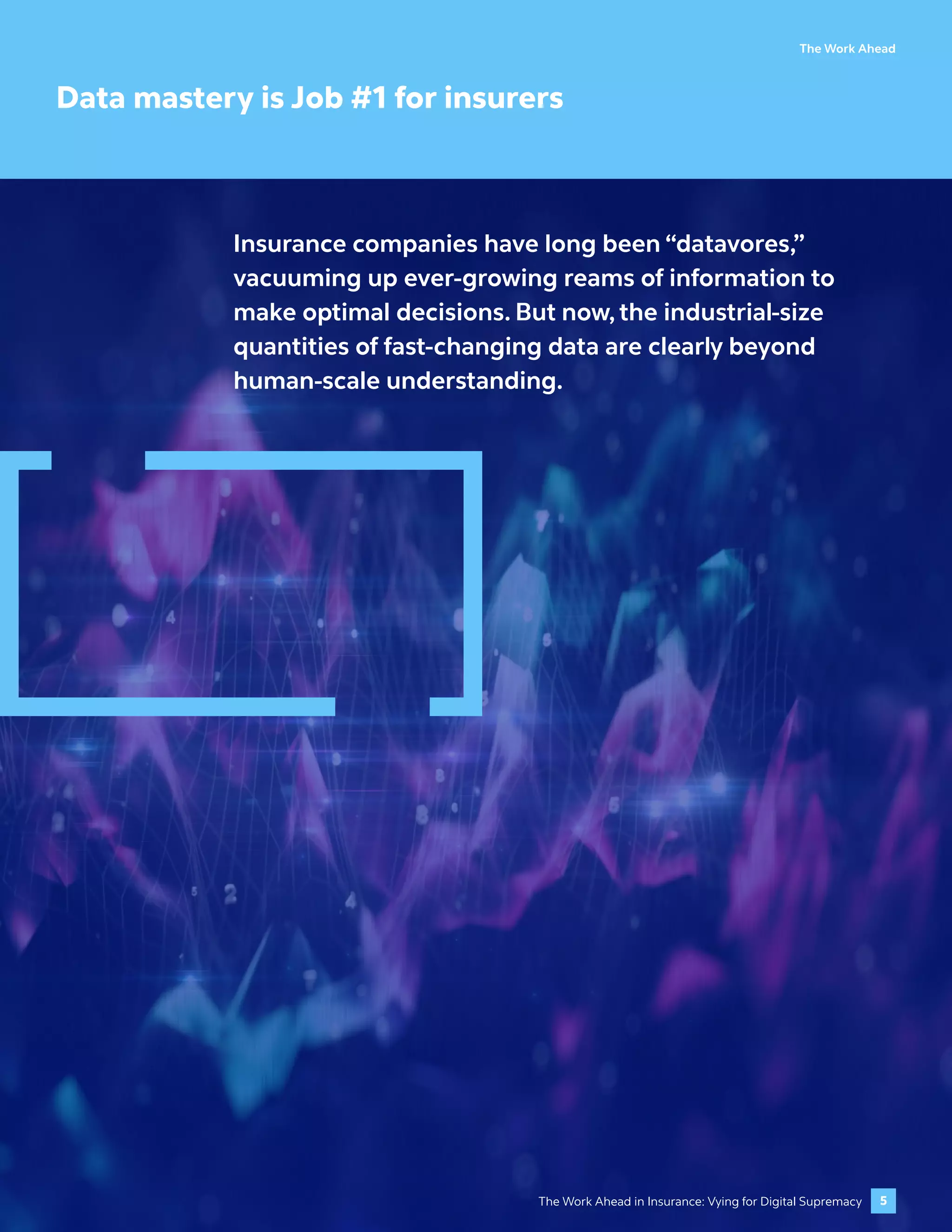 The Work Ahead
Data mastery is Job #1 for insurers
Insurance companies have long been “datavores,”
vacuuming up ever-growing reams of information to
make optimal decisions. But now, the industrial-size
quantities of fast-changing data are clearly beyond
human-scale understanding.
5
The Work Ahead in Insurance: Vying for Digital Supremacy
 