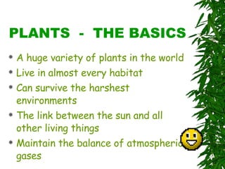 PLANTS  -  THE BASICS A huge variety of plants in the world Live in almost every habitat Can survive the harshest environments The link between the sun and all other living things Maintain the balance of atmospheric gases 