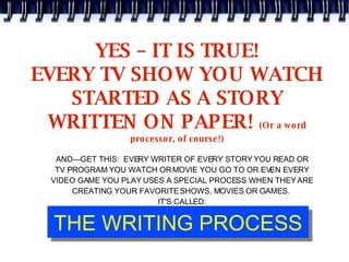 YES – IT IS TRUE! EVERY TV SHOW YOU WATCH STARTED AS A STORY WRITTEN ON PAPER!  (Or a word processor, of course!) AND—GET ...