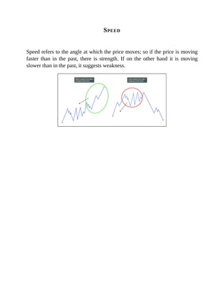 SPEED
Speed refers to the angle at which the price moves; so if the price is moving
faster than in the past, there is strength. If on the other hand it is moving
slower than in the past, it suggests weakness.
 