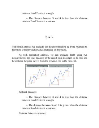 between 1 and 2 = trend strength.
The distance between 3 and 4 is less than the distance
between 2 and 3 = trend weakness.
DEPTH
With depth analysis we evaluate the distance travelled by trend reversals to
determine whether weakness has increased or decreased.
As with projection analysis, we can evaluate depth using two
measurements: the total distance of the recoil from its origin to its end; and
the distance the price travels from the previous end to the new end.
Pullback distance:
The distance between 3 and 4 is less than the distance
between 1 and 2 = trend strength.
The distance between 5 and 6 is greater than the distance
between 3 and 4 = trend weakness.
Distance between extremes:
 