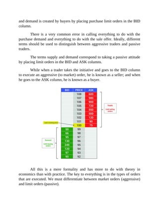 and demand is created by buyers by placing purchase limit orders in the BID
column.
There is a very common error in calling everything to do with the
purchase demand and everything to do with the sale offer. Ideally, different
terms should be used to distinguish between aggressive traders and passive
traders.
The terms supply and demand correspond to taking a passive attitude
by placing limit orders in the BID and ASK columns.
While when a trader takes the initiative and goes to the BID column
to execute an aggressive (to market) order, he is known as a seller; and when
he goes to the ASK column, he is known as a buyer.
All this is a mere formality and has more to do with theory in
economics than with practice. The key to everything is in the types of orders
that are executed. We must differentiate between market orders (aggressive)
and limit orders (passive).
 