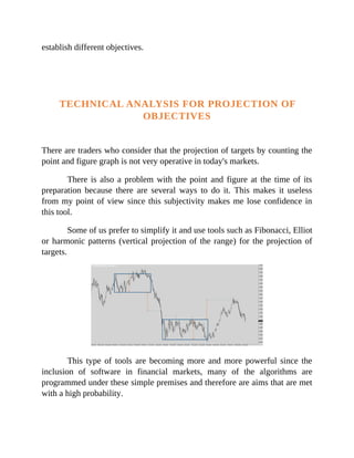 establish different objectives.
TECHNICAL ANALYSIS FOR PROJECTION OF
OBJECTIVES
There are traders who consider that the projection of targets by counting the
point and figure graph is not very operative in today's markets.
There is also a problem with the point and figure at the time of its
preparation because there are several ways to do it. This makes it useless
from my point of view since this subjectivity makes me lose confidence in
this tool.
Some of us prefer to simplify it and use tools such as Fibonacci, Elliot
or harmonic patterns (vertical projection of the range) for the projection of
targets.
This type of tools are becoming more and more powerful since the
inclusion of software in financial markets, many of the algorithms are
programmed under these simple premises and therefore are aims that are met
with a high probability.
 