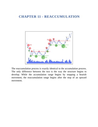 CHAPTER 11 - REACCUMULATION
The reaccumulation process is exactly identical to the accumulation process.
The only difference between the two is the way the structure begins to
develop. While the accumulation range begins by stopping a bearish
movement, the reaccumulation range begins after the stop of an upward
movement.
 