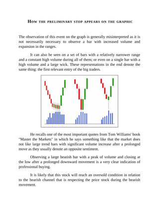 HOW THE PRELIMINARY STOP APPEARS ON THE GRAPHIC
The observation of this event on the graph is generally misinterpreted as it is
not necessarily necessary to observe a bar with increased volume and
expansion in the ranges.
It can also be seen on a set of bars with a relatively narrower range
and a constant high volume during all of them; or even on a single bar with a
high volume and a large wick. These representations in the end denote the
same thing: the first relevant entry of the big traders.
He recalls one of the most important quotes from Tom Williams' book
"Master the Markets" in which he says something like that the market does
not like large trend bars with significant volume increase after a prolonged
move as they usually denote an opposite sentiment.
Observing a large bearish bar with a peak of volume and closing at
the low after a prolonged downward movement is a very clear indication of
professional buying.
It is likely that this stock will reach an oversold condition in relation
to the bearish channel that is respecting the price stock during the bearish
movement.
 