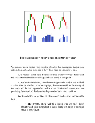 THE PSYCHOLOGY BEHIND THE PRELIMINARY STOP
We are now going to study the crossing of orders that takes place during such
action. Remember, for someone to buy, there must be someone to sell.
Ask yourself what both the misinformed trader or "weak hand" and
the well-informed trader or "strong hand" are doing at that point.
As we have commented, after determining that the market has reached
a value price on which to start a campaign, the one that will be absorbing all
the stock will be the large trader; and it is the ill-informed traders who are
providing them with all the liquidity they need to build their positions.
We found different profiles of ill-informed traders that facilitate this
fact:
The greedy. There will be a group who see price move
abruptly and enter the market to avoid being left out of a potential
move in their favor.
 