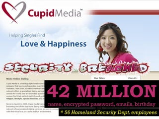 42 MILLION
name, encrypted password, emails, birthday

* 56 Homeland Security Dept. employees

 