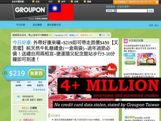 4+ MILLION
username and password combo

No credit card data stolen, stated by Groupon Taiwan

 