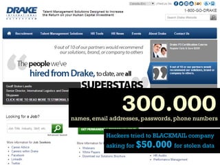 300.000

names, email addresses, passwords, phone numbers
Hackers tried to BLACKMAIL company

asking for $50.000 for stolen data

 