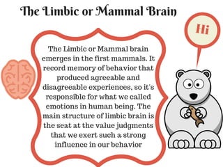 The Limbic or Mammal Brain
The Limbic or Mammal brain
emerges in the first mammals. It
record memory of behavior that
produced agreeable and
disagreeable experiences, so it's
responsible for what we called
emotions in human being. The
main structure of limbic brain is
the seat at the value judgments
that we exert such a strong
influence in our behavior
Hi
 