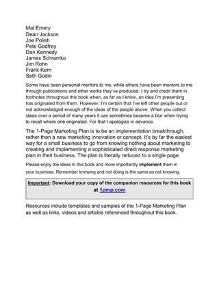 The 1 page marketing plan get new customers, make more money, and stand ...