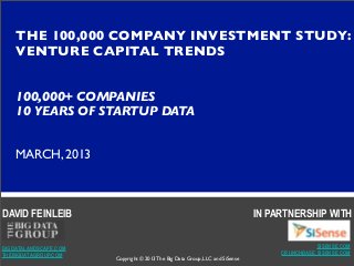 THE 100,000 COMPANY INVESTMENT STUDY:
    VENTURE CAPITAL TRENDS


    100,000+ COMPANIES
    10 YEARS OF STARTUP DATA


    MARCH, 2013



DAVID FEINLEIB                                                                IN PARTNERSHIP WITH


BIGDATALANDSCAPE.COM                                                                          SISENSE.COM
THEBIGDATAGROUP.COM                                                                CRUNCHBASE.SISENSE.COM
                       Copyright © 2013 The Big Data Group, LLC and SiSense
 