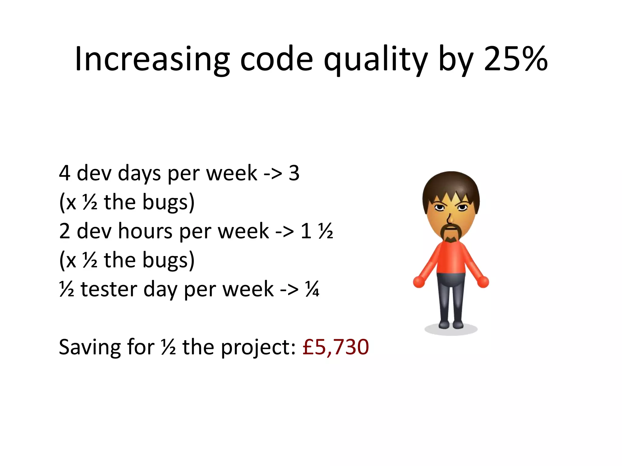 Increasing code quality by 25%

4 dev days per week -> 3
(x ½ the bugs)
2 dev hours per week -> 1 ½
(x ½ the bugs)
½ tester day per week -> ¼

Saving for ½ the project: £5,730
 