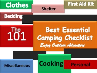 Shelter

Miscellaneous

Cooking

Personal

 