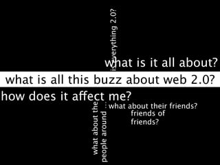 is everything 2.0?
                    what is it all about?
 what is all this buzz about web 2.0?
how does it affect me?
                  what about the
                people around …    what about their friends?
                                         friends of
                                         friends?
 