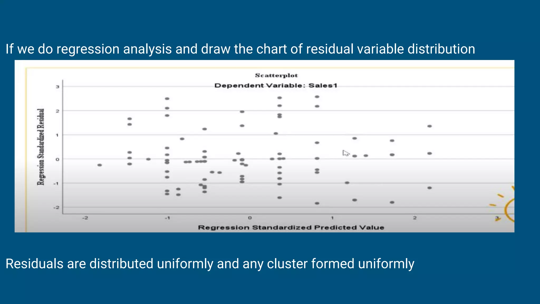 If we do regression analysis and draw the chart of residual variable distribution
Residuals are distributed uniformly and any cluster formed uniformly
 