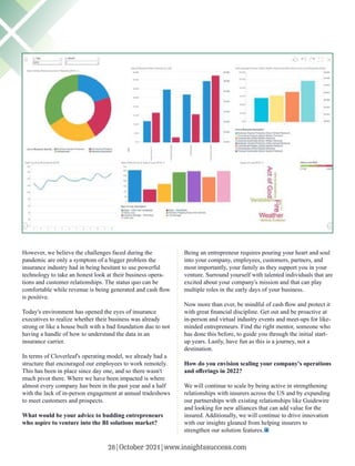 However, we believe the challenges faced during the
pandemic are only a symptom of a bigger problem the
insurance industry had in being hesitant to use powerful
technology to take an honest look at their business opera-
tions and customer relationships. The status quo can be
comfortable while revenue is being generated and cash ﬂow
is positive.
Today's environment has opened the eyes of insurance
executives to realize whether their business was already
strong or like a house built with a bad foundation due to not
having a handle of how to understand the data in an
insurance carrier.
In terms of Cloverleaf's operating model, we already had a
structure that encouraged our employees to work remotely.
This has been in place since day one, and so there wasn't
much pivot there. Where we have been impacted is where
almost every company has been in the past year and a half
with the lack of in-person engagement at annual tradeshows
to meet customers and prospects.
What would be your advice to budding entrepreneurs
who aspire to venture into the BI solutions market?
Being an entrepreneur requires pouring your heart and soul
into your company, employees, customers, partners, and
most importantly, your family as they support you in your
venture. Surround yourself with talented individuals that are
excited about your company's mission and that can play
multiple roles in the early days of your business.
Now more than ever, be mindful of cash ﬂow and protect it
with great ﬁnancial discipline. Get out and be proactive at
in-person and virtual industry events and meet-ups for like-
minded entrepreneurs. Find the right mentor, someone who
has done this before, to guide you through the initial start-
up years. Lastly, have fun as this is a journey, not a
destination.
How do you envision scaling your company's operations
and oﬀerings in 2022?
We will continue to scale by being active in strengthening
relationships with insurers across the US and by expanding
our partnerships with existing relationships like Guidewire
and looking for new alliances that can add value for the
insured. Additionally, we will continue to drive innovation
with our insights gleaned from helping insurers to
strengthen our solution features.
28|October 2021|www.insightssuccess.com
 