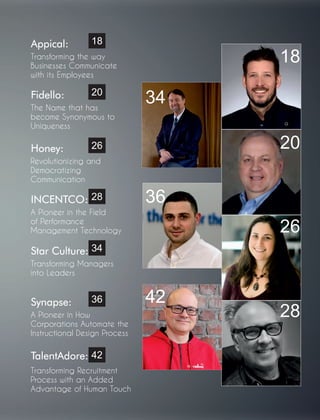 Appical:
Transforming the way
Businesses Communicate
with its Employees
Fidello:
The Name that has
become Synonymous to
Uniqueness
Honey:
Revolutionizing and
Democratizing
Communication
INCENTCO:
A Pioneer in the Field
of Performance
Management Technology
Star Culture:
Transforming Managers
into Leaders
Synapse:
A Pioneer in How
Corporations Automate the
Instructional Design Process
TalentAdore:
Transforming Recruitment
Process with an Added
Advantage of Human Touch
18
20
28
26
34
36
42
18
20
26
28
42
36
34
 