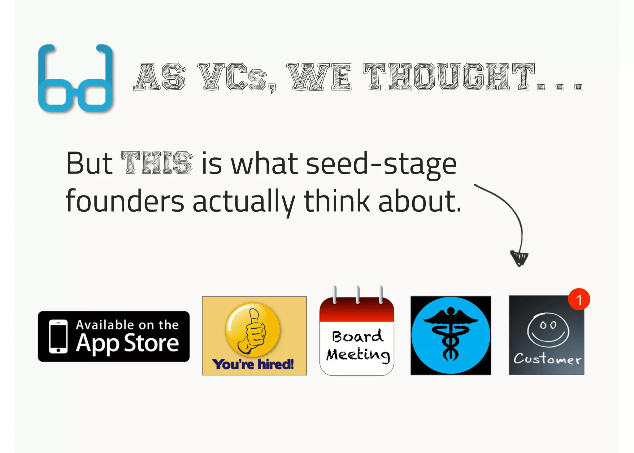 AS VCs, WE THOUGHT. . .
But THIS is what seed-stage
founders actually think about.
Board
Meeting
1
 