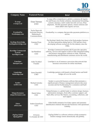 Brief
Company Name
Michael Astreiko
CEO
Synder
synder.com
Synder is a powerful business software that automates a
signiﬁcant part of ﬁnance management and provides more
accurate and fast bookkeeping for e-commerce and SaaS
businesses.
Eitan Varman
CEO
E-cargo
e-cargo.co.il
E-cargo oﬀers comprehensive global e-commerce & logistic
Air and Ocean cross border solutions, international forwarding,
customs clearance, multi-vendor last mile services, Drop
shipments , ﬂexible payments options, returns solutions and
smart added value logistic services.
Lionbridge
lionbridge.com
Jaime Punishill
CMO
Lionbridge partners with brands to break barriers and build
bridges all over the world.
Kerridge Commercial
Systems
kerridgecs.com
Ian Bendelow
CEO
Kerridge Commercial Systems (KCS) provides specialist
software, services and support to deliver fully integrated trading
and business management solutions to trade, wholesale,
manufacturing and distribution customers across the world.
Anders Gustafsson
CEO
Zebra
zebra.com
Zebra builds enterprise-level data capture and automatic
identiﬁcation solutions that provide businesses with operational
visibility.
Teleperformance
teleperformance.com
Daniel Julien
CEO
Teleperformance is a global leader in solution design, business
optimization strategies, front-oﬃce customer support, and
back-oﬃce services like ﬁnance, accounting, collections, and
tech support.
FreedomPay
freedompay.com
Taylor Durovsik
Associate Director,
Marketing &
Communications
FreedomPay is a company that provides payments platform as a
service.
Keelings Knowledge
keelingsknowledge.com
Eamonn Flynn
CEO
The Keeling's family have been in the fresh produce business
for three generations dating back to 1926 and have been
developing software exclusively for this industry since the
1980s.
ZigZag Global
zigzag.global
Al Gerrie
Co-founder & CEO
ZigZag Global is a software solution to help ecommerce
retailers manage returns domestically and globally.
LimeSpot
limespot.com
LimeSpot is an eCommerce conversion data network that
increases conversions for online merchants.
Aidin Tavakkol
Founder
Featured Person
 