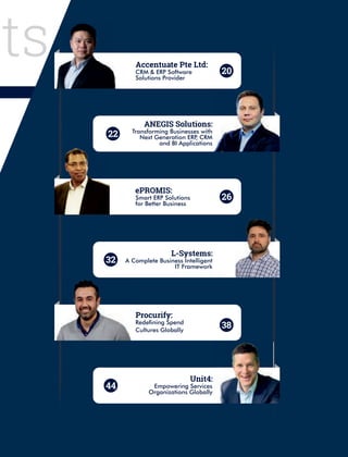 nts
Procurify:
Redening Spend
Cultures Globally
L-Systems:
A Complete Business Intelligent
IT Framework
Unit4:
Empowering Services
Organizations Globally
38
32
44
ePROMIS:
Smart ERP Solutions
for Better Business
26
Accentuate Pte Ltd:
CRM & ERP Software
Solutions Provider
20
ANEGIS Solutions:
Transforming Businesses with
Next Generation ERP, CRM
and BI Applications
22
lutions:
ransforming Businesses with
, CRM
and BI Applications
 
