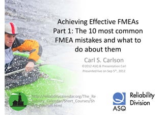 Achieving Effective FMEAs 
            Part 1: The 10 most common 
             FMEA mistakes and what to 
             FMEA i t k         d h tt
                    do about them
                    do about them
                              Carl S. Carlson
                             ©2012 ASQ & Presentation Carl
                             Presented live on Sep 5th, 2012




http://reliabilitycalendar.org/The_Re
liability_Calendar/Short_Courses/Sh
liability Calendar/Short Courses/Sh
ort_Courses.html
 