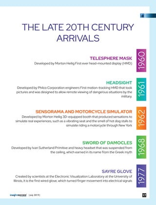 THE LATE 20TH CENTURY
ARRIVALS
HEADSIGHT
Developed by Philco Corporation engineers First motion-tracking HMD that took
pictures and was designed to allow remote viewing of dangerous situations by the
military.
SENSORAMA AND MOTORCYCLE SIMULATOR
Developed by Morton Heilig 3D-equipped booth that produced sensations to
simulate real experiences, such as a vibrating seat and the smell of hot dog stalls to
simulate riding a motorcycle through New York
1968SWORD OF DAMOCLES
Developed by Ivan Sutherland Primitive and heavy headset that was suspended from
the ceiling, which earned in its name from the Greek myth
1977
SAYRE GLOVE
Created by scientists at the Electronic Visualization Laboratory at the University of
Illinois, it is the ﬁrst wired glove, which turned ﬁnger movement into electrical signals
1961
TELESPHERE MASK
Developed by Morton Heilig First ever head-mounted display (HMD)
19601962
17|July 2019|
 
