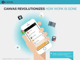 CANVAS REVOLUTIONIZES HOW WORK IS DONE 
PROPRIETARY AND CONFIDENTIAL / www.GOCANVAS.comC opyright © 2014, Canvas Solutions , Inc. GoCanvas 
Globally… One of the 8 Most Disruptive 
Mobile Technologies For Business 
— Disruptathon 
“ 
4 
 