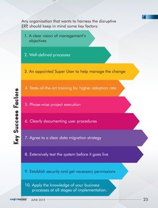 1. A clear vision of management’s
objectives
2. Well-dened processes
3. An appointed Super User to help manage the change
4. State-of-the-art training for higher adoption rate
5. Phase-wise project execution
6. Clearly documenting user procedures
7. Agree to a clear data migration strategy
8. Extensively test the system before it goes live
9. Establish security and get necessary permissions
10. Apply the knowledge of your business
processes at all stages of implementation.
Any organization that wants to harness the disruptive
ERP, should keep in mind some key factors:
25JUNE 2019
 