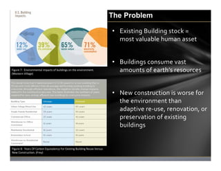 The Problem
• Existing Building stock =      
most valuable human asset
• Buildings consume vast 
amounts of earth’s resou...