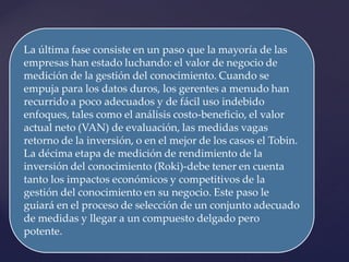 La última fase consiste en un paso que la mayoría de las empresas han estado luchando: el valor de negocio de medición de la gestión del conocimiento. Cuando se empuja para los datos duros, los gerentes a menudo han recurrido a poco adecuados y de fácil uso indebido enfoques, tales como el análisis costo-beneficio, el valor actual neto (VAN) de evaluación, las medidas vagas retorno de la inversión, o en el mejor de los casos el Tobin. La décima etapa de medición de rendimiento de la inversión del conocimiento (Roki)-debe tener en cuenta tanto los impactos económicos y competitivos de la gestión del conocimiento en su negocio. Este paso le guiará en el proceso de selección de un conjunto adecuado de medidas y llegar a un compuesto delgado pero potente. 